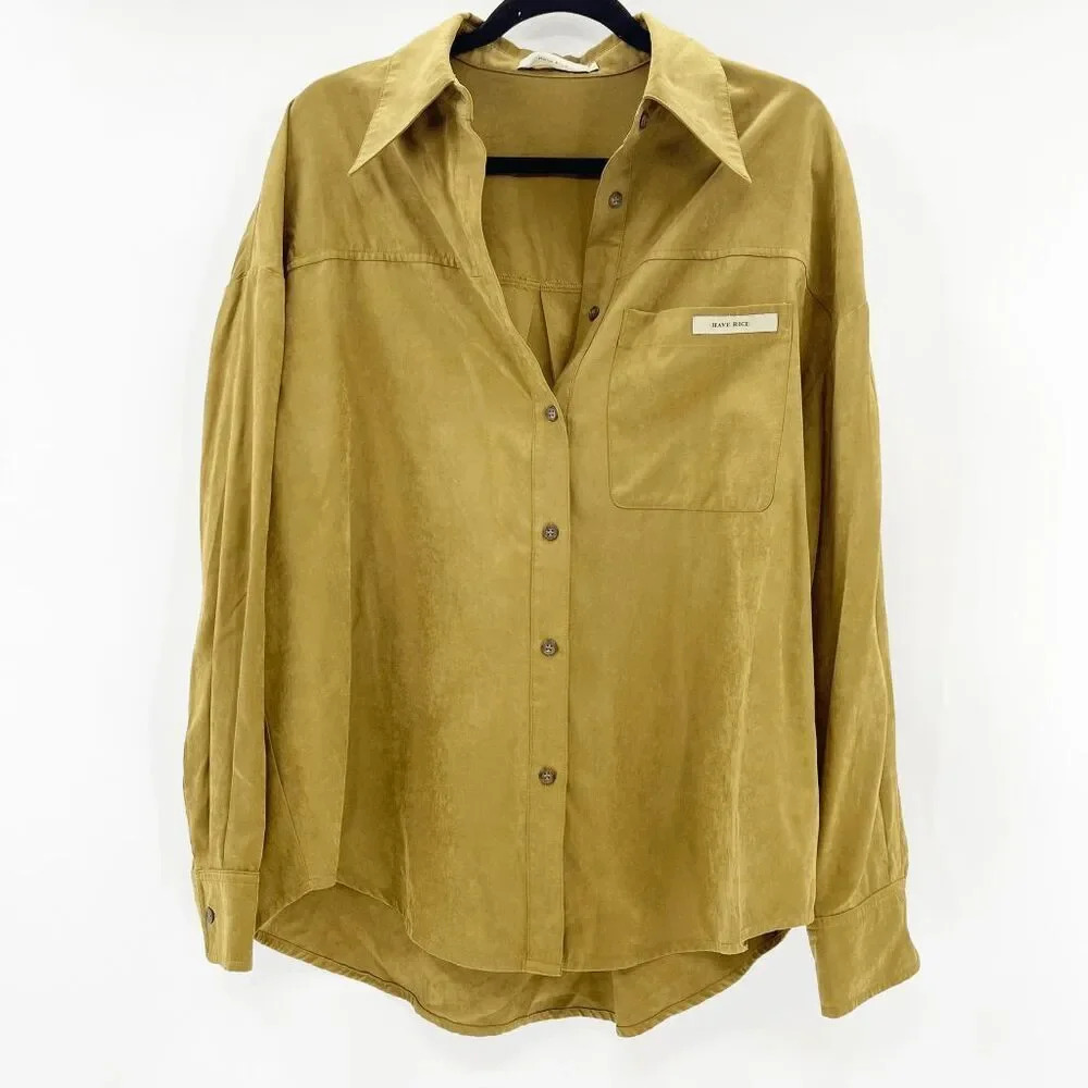 Have Rice Mens Button Down Shirt Size L Yellow Brown Chest Pocket Long Sleeve